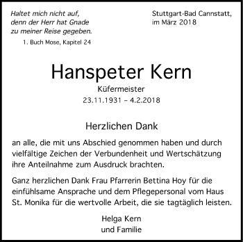 Traueranzeige von Hanspeter Kern von Stuttgarter Zeitung / Stuttgarter Nachrichten