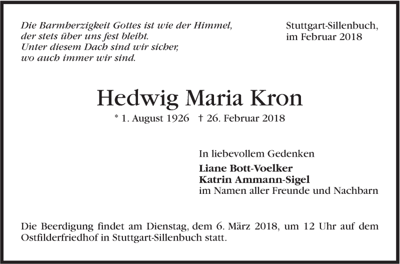  Traueranzeige für Hedwig Maria Kron vom 03.03.2018 aus Stuttgarter Zeitung / Stuttgarter Nachrichten