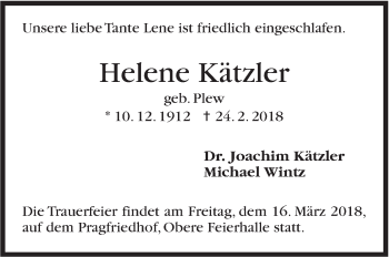 Traueranzeige von Helene Kätzler von Stuttgarter Zeitung / Stuttgarter Nachrichten