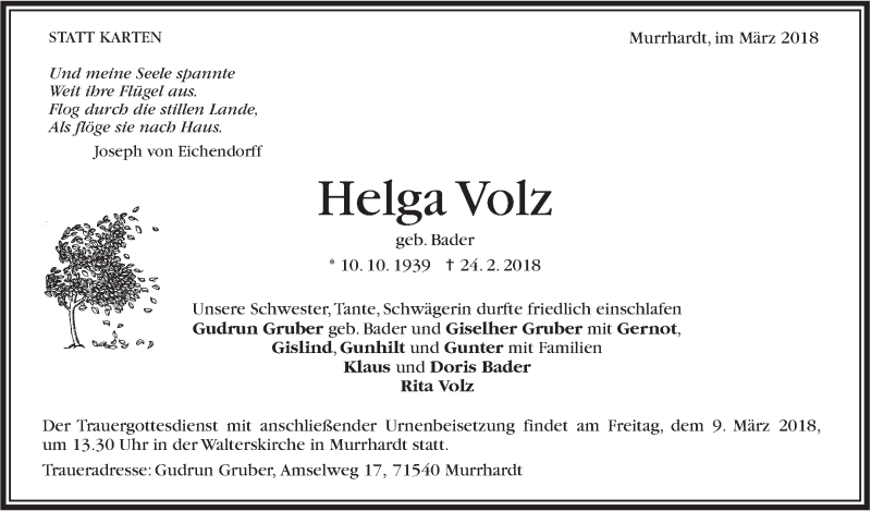  Traueranzeige für Helga Volz vom 06.03.2018 aus Stuttgarter Zeitung / Stuttgarter Nachrichten