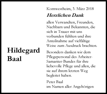 Traueranzeige von Hildegard Baal von Stuttgarter Zeitung / Stuttgarter Nachrichten