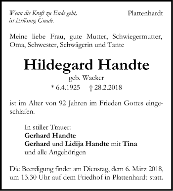 Traueranzeige von Hildegard Handte von Stuttgarter Zeitung / Stuttgarter Nachrichten