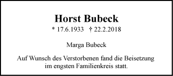 Traueranzeige von Horst Bubeck von Stuttgarter Zeitung / Stuttgarter Nachrichten