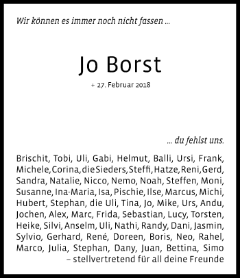 Traueranzeige von Jo Borst von Stuttgarter Zeitung / Stuttgarter Nachrichten