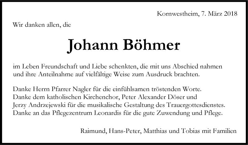  Traueranzeige für Johann Böhmer vom 07.03.2018 aus Stuttgarter Zeitung / Stuttgarter Nachrichten