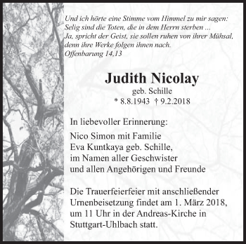 Traueranzeige von Judith Nicolay von Stuttgarter Zeitung / Stuttgarter Nachrichten