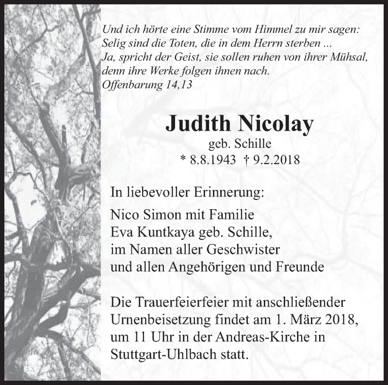  Traueranzeige für Judith Nicolay vom 26.02.2018 aus Stuttgarter Zeitung / Stuttgarter Nachrichten
