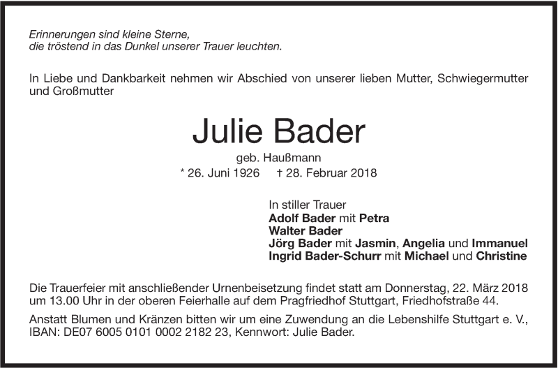 Traueranzeige für Julie Bader vom 17.03.2018 aus Stuttgarter Zeitung / Stuttgarter Nachrichten