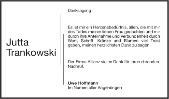 Traueranzeige von Jutta Trankowski von Stuttgarter Zeitung / Stuttgarter Nachrichten