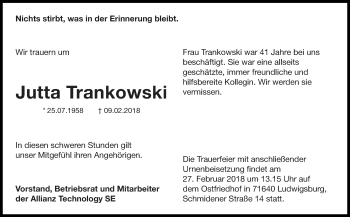 Traueranzeige von Jutta Trankowski von Stuttgarter Zeitung / Stuttgarter Nachrichten