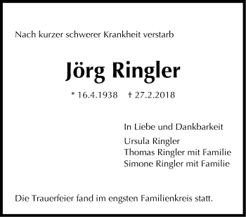 Traueranzeige von Jörg Ringler von Stuttgarter Zeitung / Stuttgarter Nachrichten