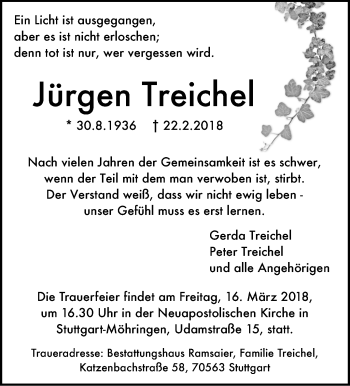 Traueranzeige von Jürgen Treichel von Stuttgarter Zeitung / Stuttgarter Nachrichten