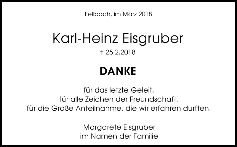  Traueranzeige für Karl-Heinz Eisgruber vom 14.03.2018 aus Stuttgarter Zeitung / Stuttgarter Nachrichten