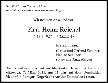 Traueranzeige von Karl-Heinz Reichel von Stuttgarter Zeitung / Stuttgarter Nachrichten