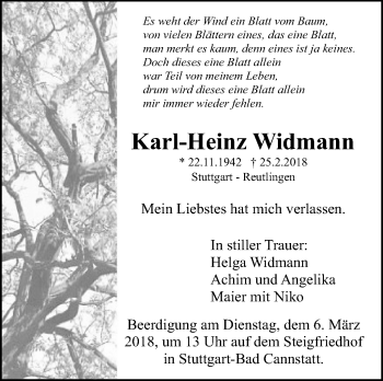 Traueranzeige von Karl-Heinz Widmann von Stuttgarter Zeitung / Stuttgarter Nachrichten