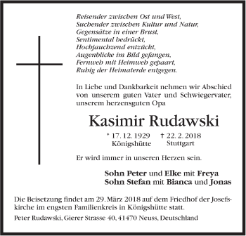 Traueranzeige von Kasimir Rudawski von Stuttgarter Zeitung / Stuttgarter Nachrichten