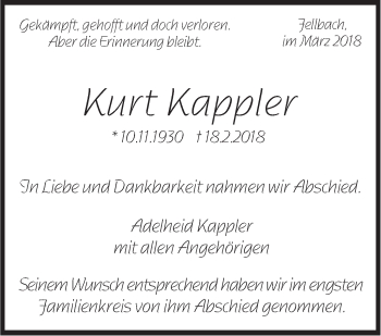 Traueranzeige von Kurt Kappler von Stuttgarter Zeitung / Stuttgarter Nachrichten
