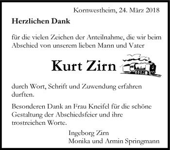 Traueranzeige von Kurt Zirn von Stuttgarter Zeitung / Stuttgarter Nachrichten