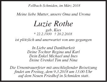 Traueranzeige von Luzie Rothe von Stuttgarter Zeitung / Stuttgarter Nachrichten