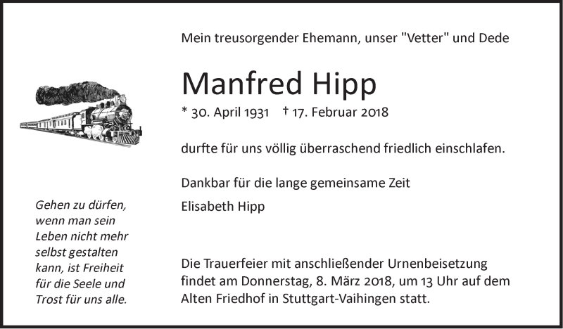  Traueranzeige für Manfred Hipp vom 03.03.2018 aus Stuttgarter Zeitung / Stuttgarter Nachrichten