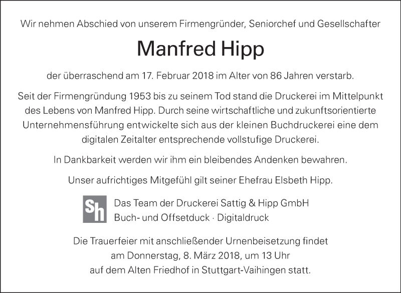  Traueranzeige für Manfred Hipp vom 08.03.2018 aus Stuttgarter Zeitung / Stuttgarter Nachrichten