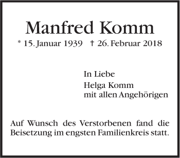 Traueranzeige von Manfred Komm von Stuttgarter Zeitung / Stuttgarter Nachrichten