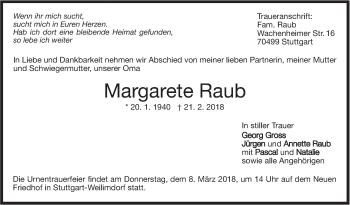 Traueranzeige von Margarete Raub von Stuttgarter Zeitung / Stuttgarter Nachrichten