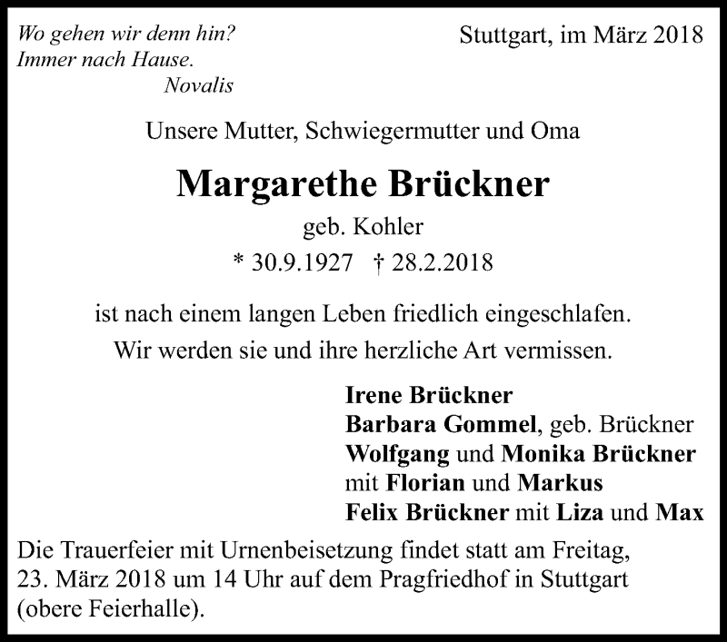  Traueranzeige für Margarethe Brückner vom 14.03.2018 aus Stuttgarter Zeitung / Stuttgarter Nachrichten