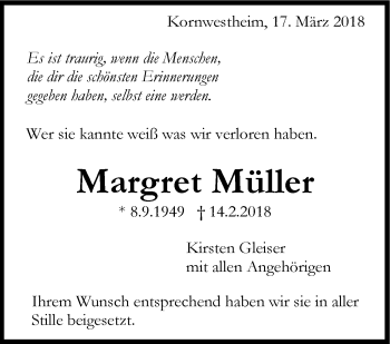 Traueranzeige von Margret Müller von Stuttgarter Zeitung / Stuttgarter Nachrichten