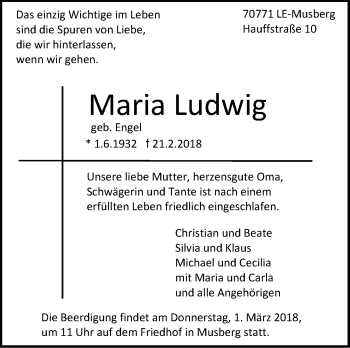 Traueranzeige von Maria Ludwig von Stuttgarter Zeitung / Stuttgarter Nachrichten