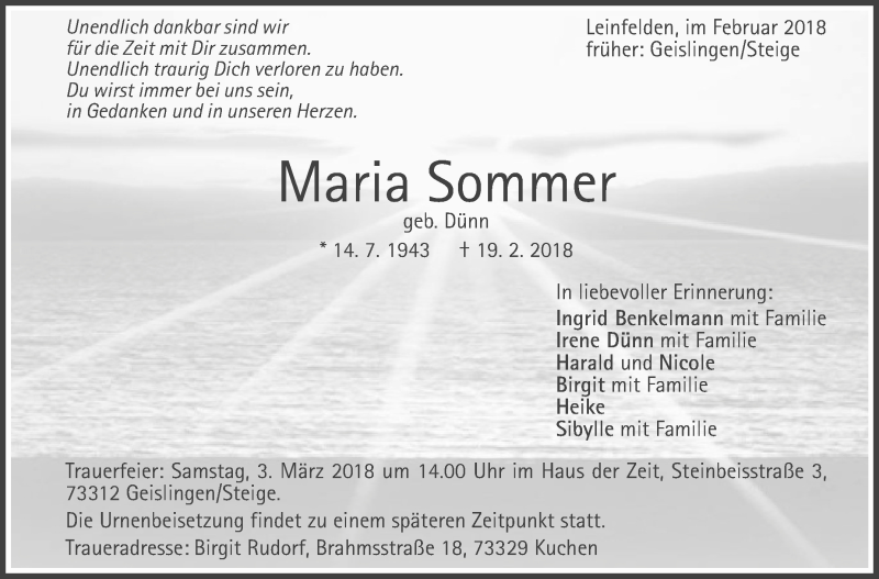  Traueranzeige für Maria Sommer vom 26.02.2018 aus Stuttgarter Zeitung / Stuttgarter Nachrichten