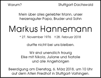 Traueranzeige von Markus Hannemann von Stuttgarter Zeitung / Stuttgarter Nachrichten