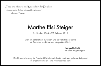 Traueranzeige von Marthe Elsi Steiger von Stuttgarter Zeitung / Stuttgarter Nachrichten