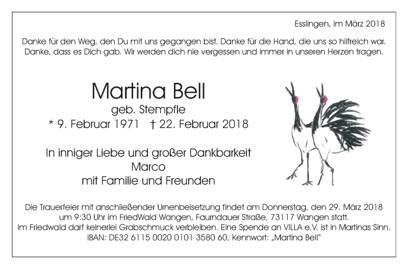  Traueranzeige für Martina Bell vom 19.03.2018 aus Stuttgarter Zeitung / Stuttgarter Nachrichten