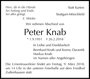 Traueranzeige von Peter Knab von Stuttgarter Zeitung / Stuttgarter Nachrichten