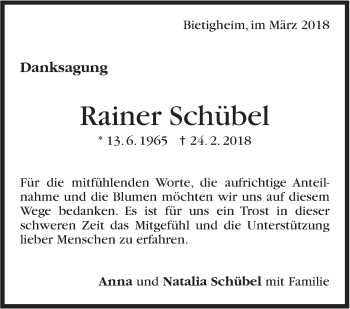 Traueranzeige von Rainer Schübel von Stuttgarter Zeitung / Stuttgarter Nachrichten