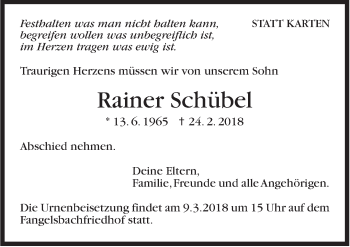 Traueranzeige von Rainer Schübel von Stuttgarter Zeitung / Stuttgarter Nachrichten