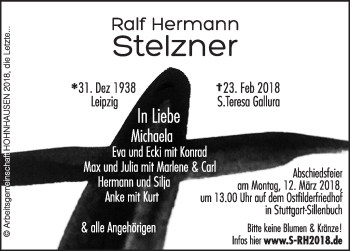 Traueranzeige von Ralf Hermann Stelzner von Stuttgarter Zeitung / Stuttgarter Nachrichten