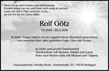 Traueranzeige von Rolf Götz von Stuttgarter Zeitung / Stuttgarter Nachrichten