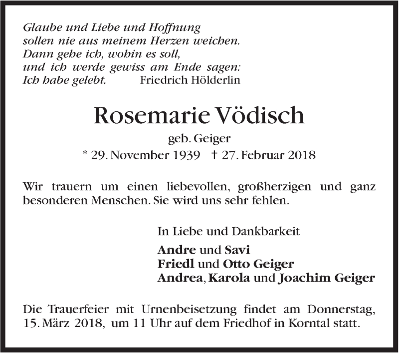  Traueranzeige für Rosemarie Vödisch vom 08.03.2018 aus Stuttgarter Zeitung / Stuttgarter Nachrichten