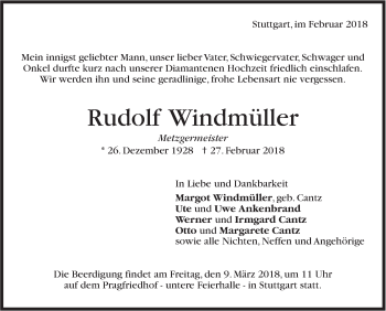 Traueranzeige von Rudolf Windmüller von Stuttgarter Zeitung / Stuttgarter Nachrichten