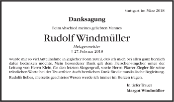 Traueranzeige von Rudolf Windmüller von Stuttgarter Zeitung / Stuttgarter Nachrichten