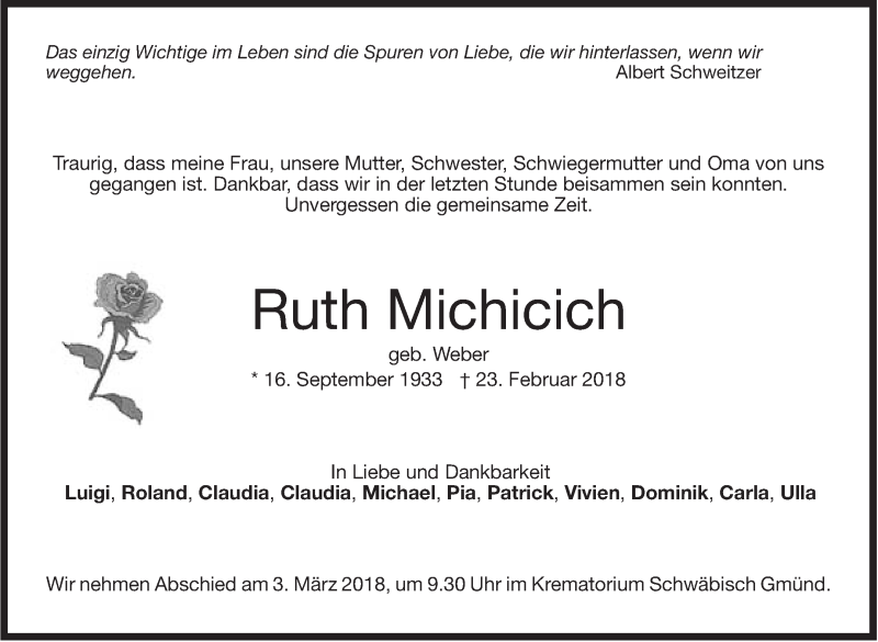  Traueranzeige für Ruth Michicich vom 01.03.2018 aus Stuttgarter Zeitung / Stuttgarter Nachrichten
