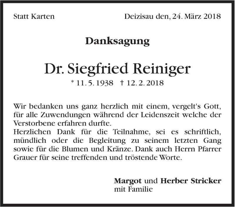  Traueranzeige für Siegfried Reiniger vom 24.03.2018 aus Stuttgarter Zeitung / Stuttgarter Nachrichten