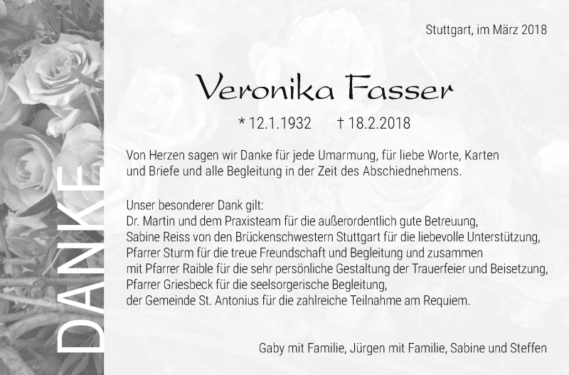  Traueranzeige für Veronika Fasser vom 17.03.2018 aus Stuttgarter Zeitung / Stuttgarter Nachrichten