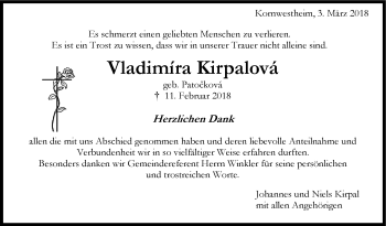 Traueranzeige von Vladimira Kirpalova von Stuttgarter Zeitung / Stuttgarter Nachrichten