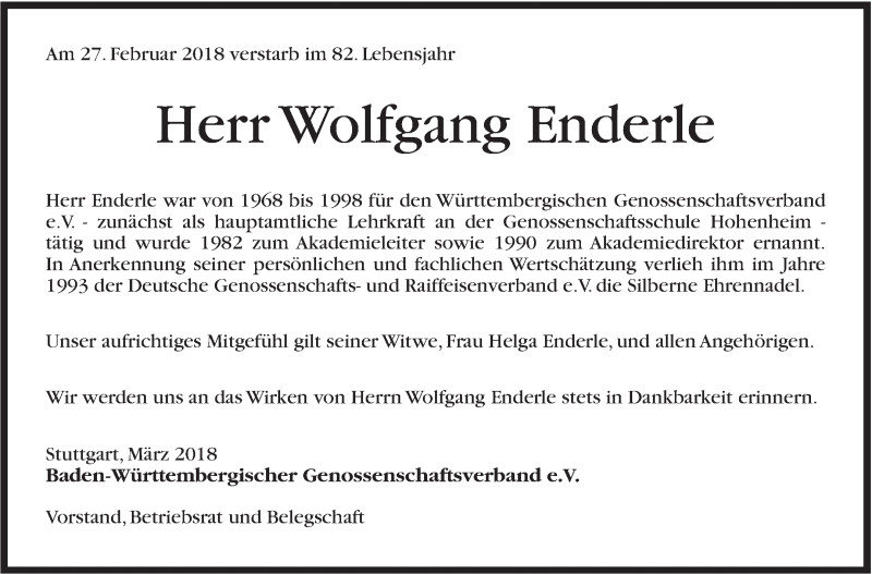  Traueranzeige für Wolfgang Enderle vom 08.03.2018 aus Stuttgarter Zeitung / Stuttgarter Nachrichten