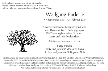 Traueranzeige von Wolfgang Enderle von Stuttgarter Zeitung / Stuttgarter Nachrichten