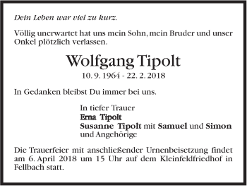 Traueranzeige von Wolfgang Tipolt von Stuttgarter Zeitung / Stuttgarter Nachrichten