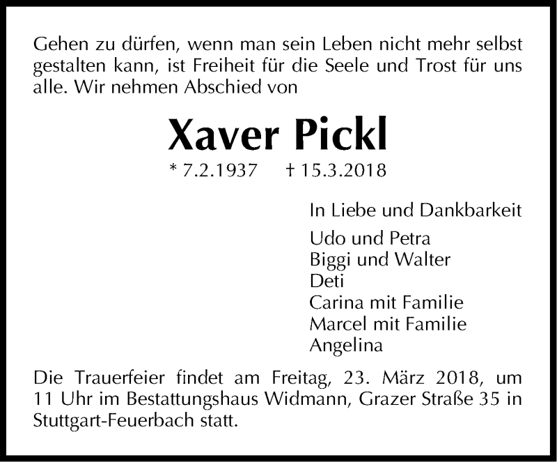  Traueranzeige für Xaver Pickl vom 20.03.2018 aus Stuttgarter Zeitung / Stuttgarter Nachrichten